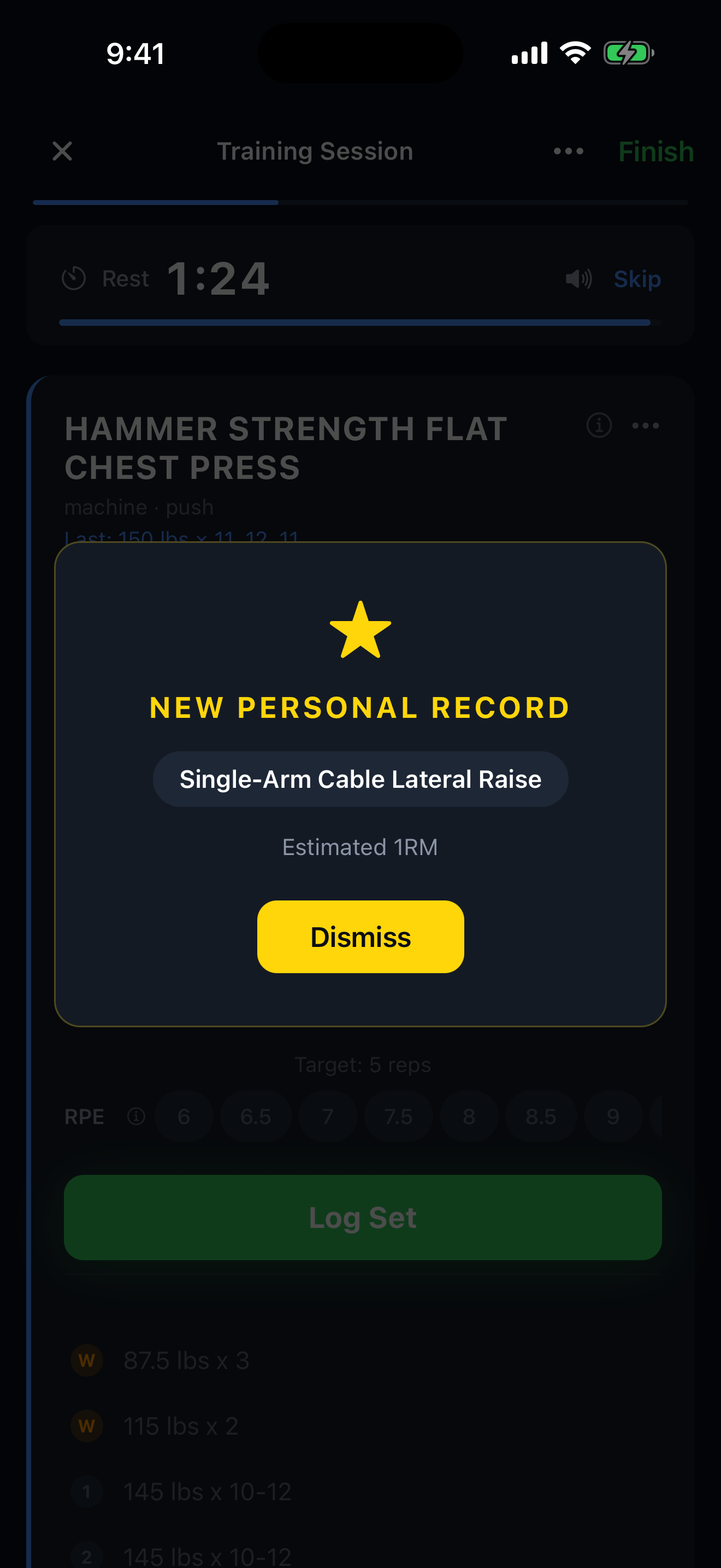 LiftIQ celebrating a new personal record mid-workout